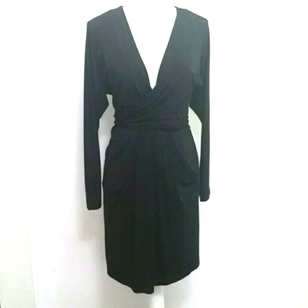 BCBG MAXAZRIA long sleeve cocktail dress black deep v neck midi stretch Like New